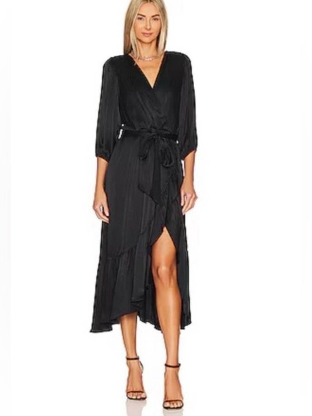 Bobi Black Ruffle Surplice Midi Dress Black Size Medium M Plisse Faux Wrap